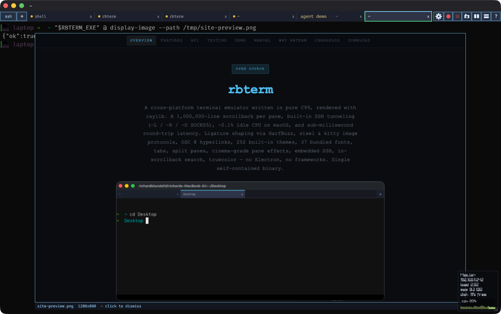 A Claude Code agent in an rbterm pane with a website screenshot floating over the text as an overlay, captioned with the file name, while the session keeps running underneath