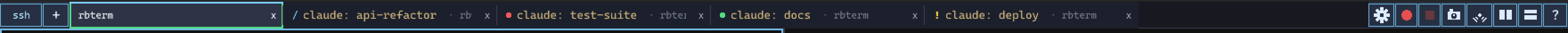 Close-up strip of the rbterm tab bar: tabs carrying a cyan running spinner, a green done dot, a red failed dot and a yellow exclamation mark for attention